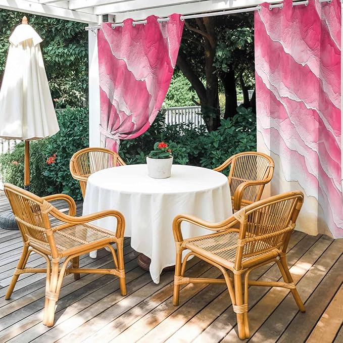 Ocean Outdoor Curtains for Patio Beach Waves Watercolor Abstract Gradient Pink Waterproof Outside Curtains with Grommet Top Weatherproof Curtain for Cabana Pergola Gazebo, 1 Panel, 54" W x 84" L
