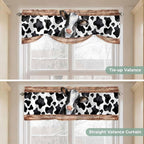 Cow Printed Tie Up Valance Curtains for Windows, Kitchen Curtains Window Shades, Farmhouse Watercolor Country Wooden Grain Light Filtering Roman Curtain Valances for Bedroom/Bathroom/Cafe 42"x12"