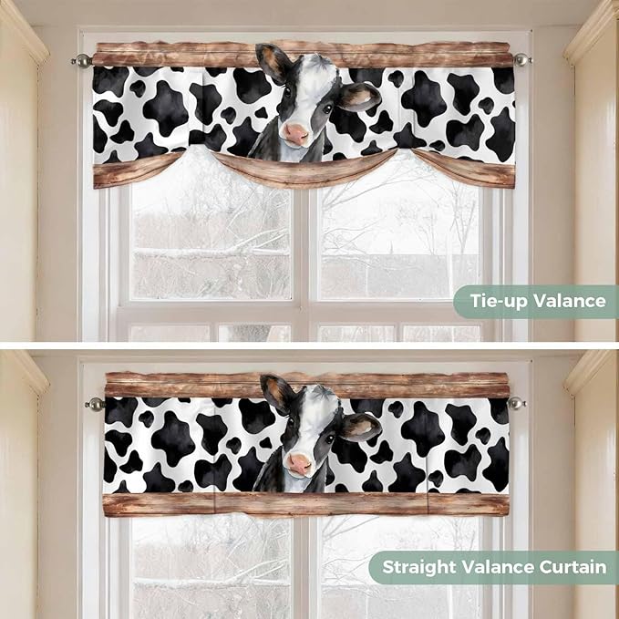 Cow Printed Tie Up Valance Curtains for Windows, Kitchen Curtains Window Shades, Farmhouse Watercolor Country Wooden Grain Light Filtering Roman Curtain Valances for Bedroom/Bathroom/Cafe 60"x18"