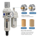 3/8" NPT Auto-Draining Air Filter Regulator Combo with Precision Pressure Gauge | Oil/Water Separator for Compressed Air Systems (0-150 PSI) | Heavy-Duty Brass Construction