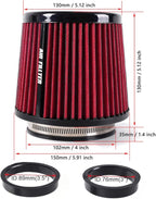 4-Inch Cold Air Intake Filter - Washable, High Performance, 3" or 3-1/2" or 4" Clamp-On Replacement Cone Air Filter Universal 3 Sizes in 1 Red