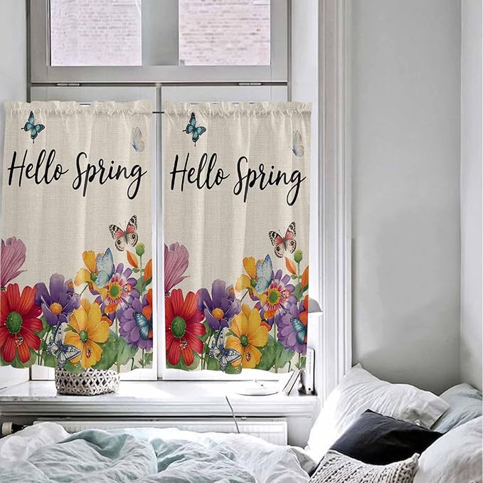 Spring Flowers Kitchen Curtains 54 Inches Length, Farmhouse Vintage Country Colorful Floral Window Treatment Curtain Drapes, Decorative Window Curtains for Bedroom Cafe, 52"x54", 2 Panels