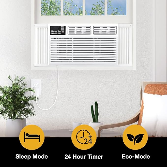 Whirlpool 10,000 BTU Window Air Conditioner with Dehumidifier, 115V, Window AC for Rooms up to 450 Sq. Ft., Living Room, Bedroom, or Kitchen, with Remote Control, Digital Display, and 24H-Timer, White