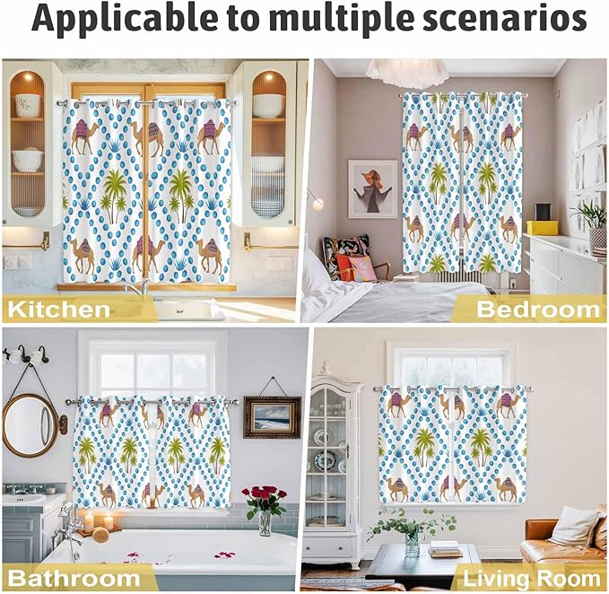 2 Panel Kitchen Cafe Curtains, Camels Palm Trees Sunlight Filtering Nature Air Through, Home Decor Window Covering Tier Curtains for Living Room 104W x 84L inch Tropical Desert Animal Plants Polka Dot