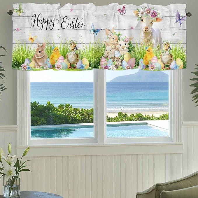Easter Curtain Valances for Windows, Kitchen Valance Window Treatment, Spring Sheep Bunny Duck Plants Wooden Grain Light Filtering Block Curtains for Bathroom/Bedroom/Living Room 42'' x 18''