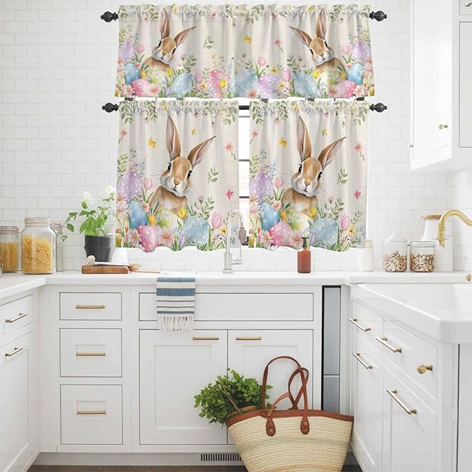 Kitchen Curtains Tiers and Valance Set of 3, Easter Light Filtering Window Curtain Set, Vintage Spring Bunny Eggs Farmhouse Floral Leaves Rod Pocket Curtain Drapes for Living Room, 36 Inches Tiers
