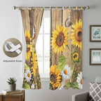 Farmhouse Sunflowers Living Room Curtains 84 Inch Length, Window Curtains Tab Top, Rustic Floral Buttterfly Wood Board Brown Light Filtering Window Treatments Drapes 52"x84" 2 Panel