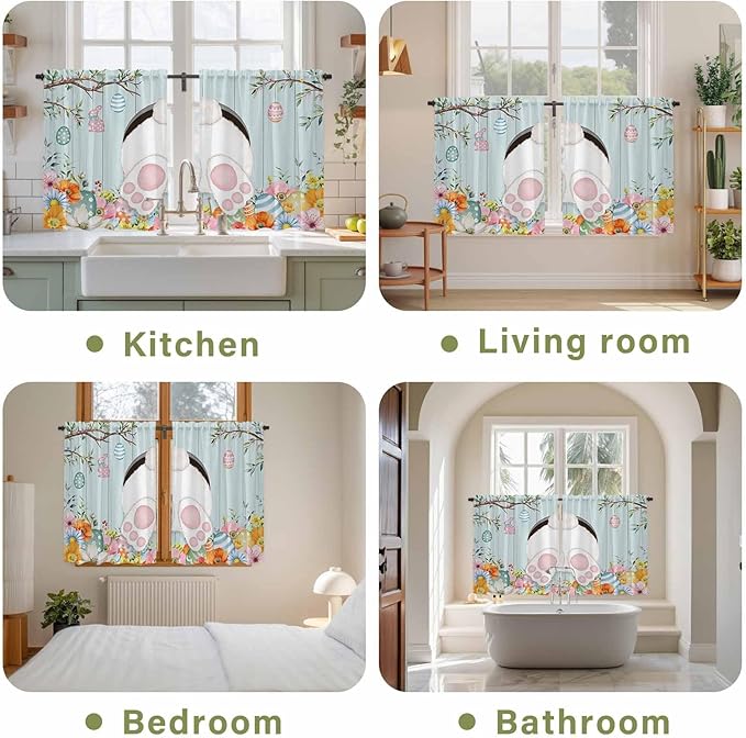 Easter Bunny Kitchen Curtains 54 Inch Long 2 Panel Set,Rod Pocket Window Curtains Panels,Easter Eggs Spring Farmhouse Wood Grain Teal Blue Light Filtering Drapery Draperies for Bathroom 52"W x 54"L