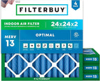 Filterbuy 24x24x2 Air Filter MERV 13 Optimal Smoke & Allergy Defense (4-Pack), Electrostatic Pleated HVAC AC Furnace Filters Replacement, Made in USA (Actual Size: 23.38 x 23.38 x 1.75)