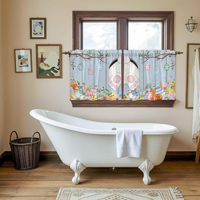 Easter Kitchen Tier Curtains 36 Inch Long 2 Panel Set,Rod Pocket Half Window Curtains Over Sink,Spring Watercolor Bunny Eggs Flower Wood Grain Blue Light Filtering Short Drapes Cafe 27.5"W x 36"L