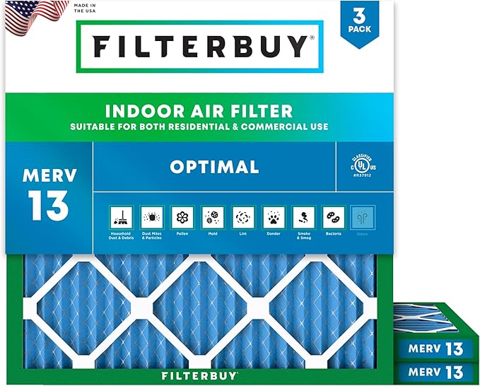 Filterbuy 25x25x1 Air Filter MERV 13 Optimal Smoke & Allergy Defense (3-Pack), Electrostatic Pleated HVAC AC Furnace Filters Replacement, Made in USA (Actual Size: 24.50 x 24.50 x 0.75)