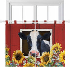 Cow Sunflowers Kitchen Curtains 45 Inch Length, Short Cafe Window Curtains Tab Top, Botanical Floral Leaves Bees Farm Barn Light Filtering Window Treatments Tier Drapes 27.5"x45" 2 Panel