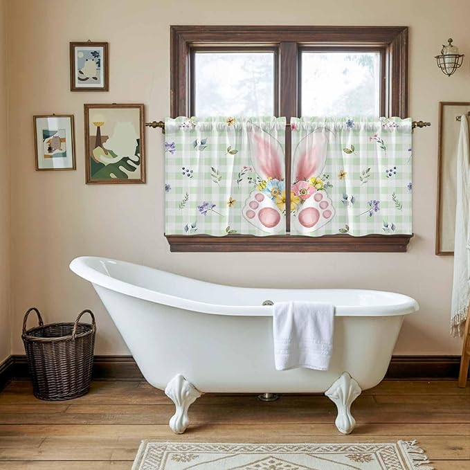 Easter Kitchen Tier Curtains 24 Inch Long 2 Panel Set,Rod Pocket Cafe Small Window Curtains Over Sink,Spring Bunny Ears Feet Flowers Green Plaid Light Filtering Short Drapes for Bathroom 27.5"W x 24"L