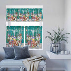 Spring Flowers Kitchen Curtain Set, Farmhouse Watercolor Teal Wood Grain Window Valance and Tiers 24" Length, Light Filtering Short Curtains Valance for Cafe Bathroom Bedroom 54"x18"