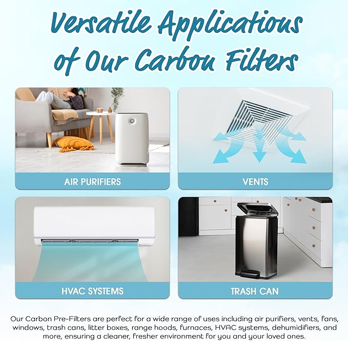Breathe Naturally Universal Cut To Fit Carbon Activated Air Filter - Replacement Charcoal Filters - Pre Filter Carbon Sheet for Air Purifier, Vent Filters & More - Made in USA (Pack of 4, 24x24)