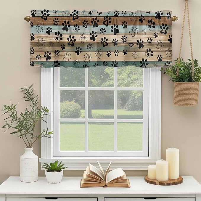 Dog Paws Valance Curtains for Kitchen, Teal Brown Wood Grain Privacy Rod Pocket Valance Curtain, Light-Filtering Window Treatment for Bedroom Bathroom, 42"x18"