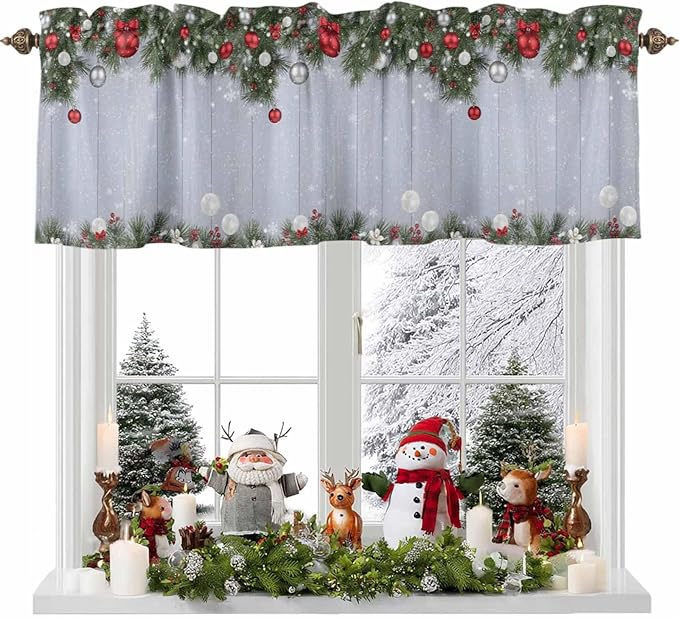 Christmas Curtain Valances for Windows, Kitchen Valance Window Treatment, Winter Xmas Balls Pine Branches Wooden Grain Light Filtering Block Curtains for Bathroom/Bedroom/Living Room 60'' x 18''