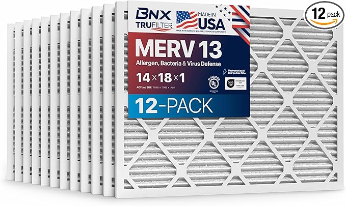 BNX TruFilter 14x18x1 Air Filter MERV 13 (12-Pack) - MADE IN USA - Electrostatic Pleated Air Conditioner HVAC AC Furnace Filters for Allergies, Pollen, Mold, Bacteria, Smoke, Allergen, MPR 1900 FPR 10