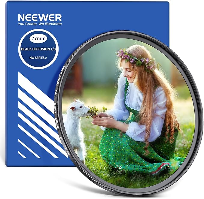 NEEWER 77mm Black Diffusion 1/8 Filter, Soft Dreamy Cinematic Effect, Ultra Thin/Water Repellent/Anti-Scratch/Optical Glass/Nano Multiple Coatings for Video Vlog Portrait Photography