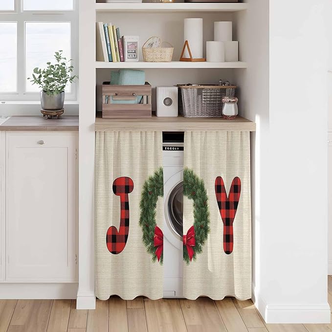 Red Green Christmas Kitchen Curtains 54 Inch Long 2 Panel Set, Rod Pocket Window Curtains Panels, Farmhouse Xmas Botanical Winter Light Filtering Drapery Draperies for Bathroom Bedroom 52"W x 54"L