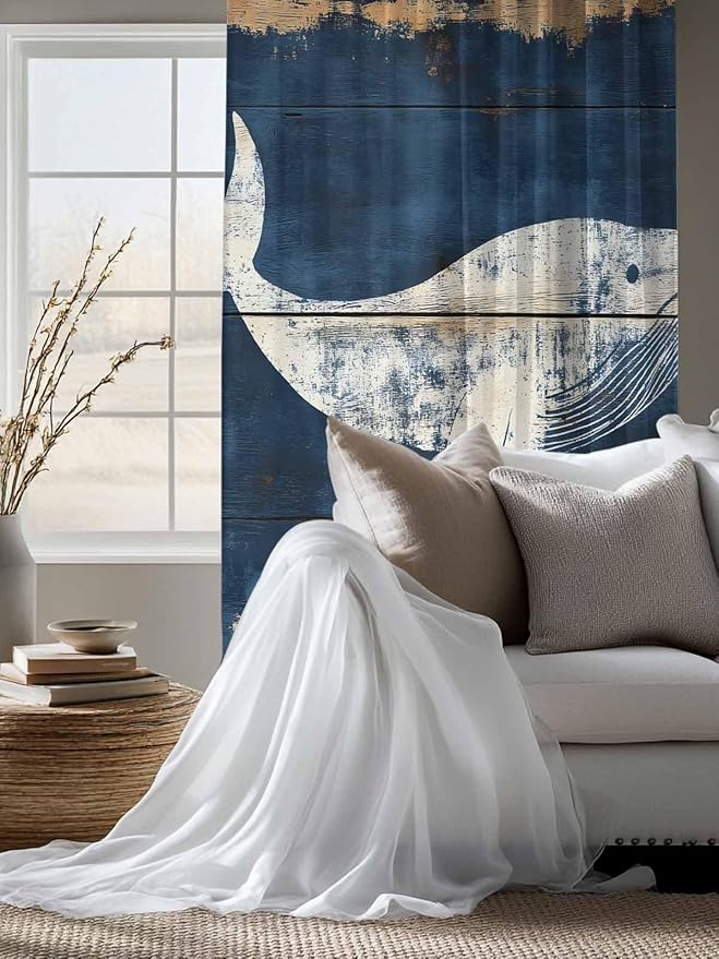 Sheer Curtains 63 Inch Length, Ocean Whale Blue Semi Sheer Curtains Light Filtering Window Treatment, Summer Sea Vintage Wooden Grain Privacy Voile Drapes for Living Room Bedroom 52x63 Inch