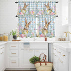 Kitchen Curtains Tiers and Valance Set of 3, Easter Light Filtering Window Curtain Set, Spring Rabbit Eggs Seasonal Flowers Blue Lattice Rod Pocket Curtain Drapes for Living Room, 24 Inches Tiers