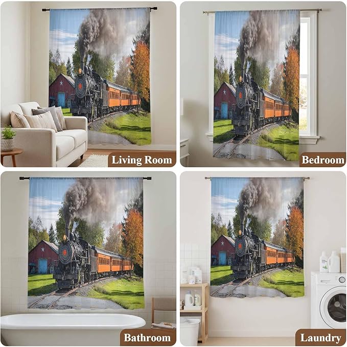 Steam Train Sheer Curtains 63 Inch Length Railroad Country Barn Rustic Trees Farmhouse Chiffon Curtain for Bedroom Living Room Light Filtering Rod Pocket Window Treatments Voile Curtains Drapes
