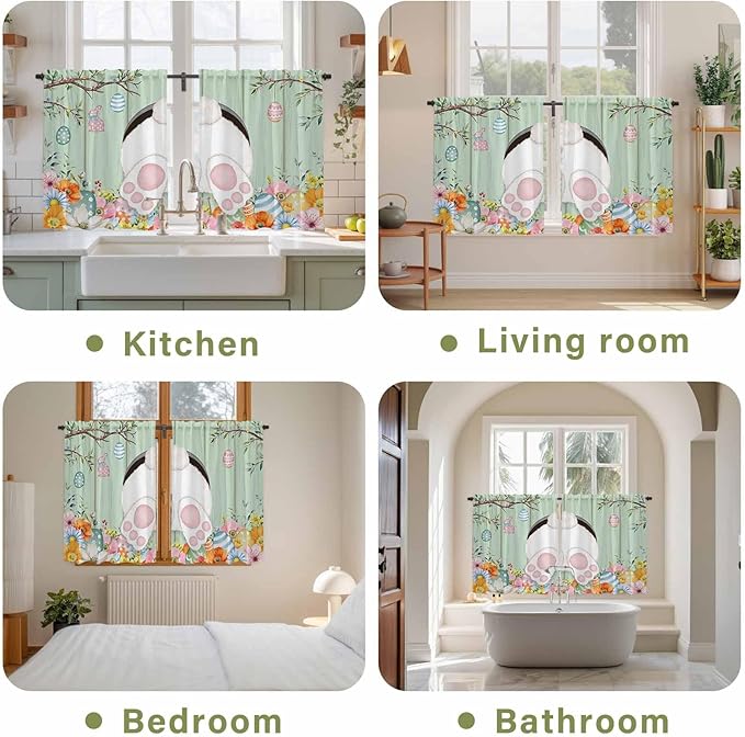 Easter Kitchen Curtains 45 Inch Long 2 Panel Set, Rod Pocket Window Treatment, Spring Watercolor Bunny Eggs Wooden Grain Green Light Filtering Short Curtains & Drapes for Bathroom Laundry 52"W x 45"L