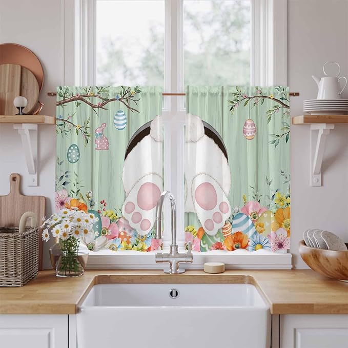 Easter Kitchen Tier Curtains 45 Inch Long 2 Panel Set,Rod Pocket Short Window Treatment,Spring Watercolor Bunny Eggs Wooden Grain Green Light Filtering Curtains & Drapes for Bathroom 27.5"W x 45"L