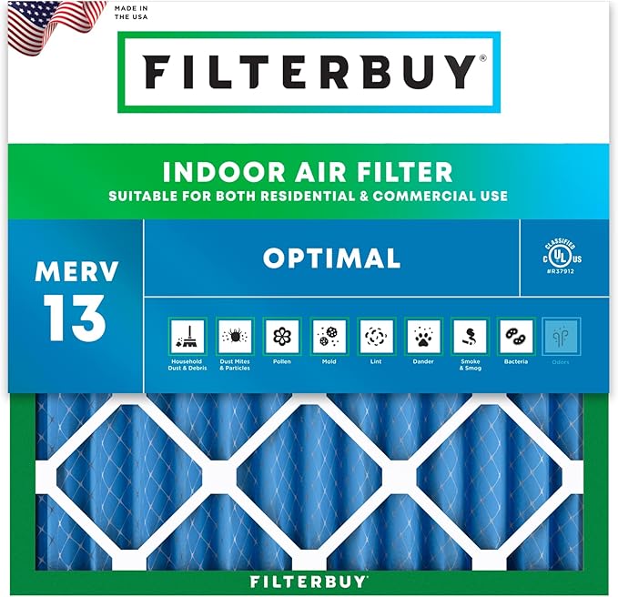 Filterbuy 20x20x2 Air Filter MERV 13 Optimal Smoke & Allergy Defense (1-Pack), Electrostatic Pleated HVAC AC Furnace Filters Replacement, Made in USA (Actual Size: 19.50 x 19.50 x 1.75)