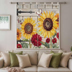 Red Yellow Sunflowers Bedroom Curtains 72 Inch Length, Window Curtains Tab Top, Retro Rustic Barn Doors Butterfly Brown Light Filtering Window Treatments Drapes 52"x72" 2 Panel