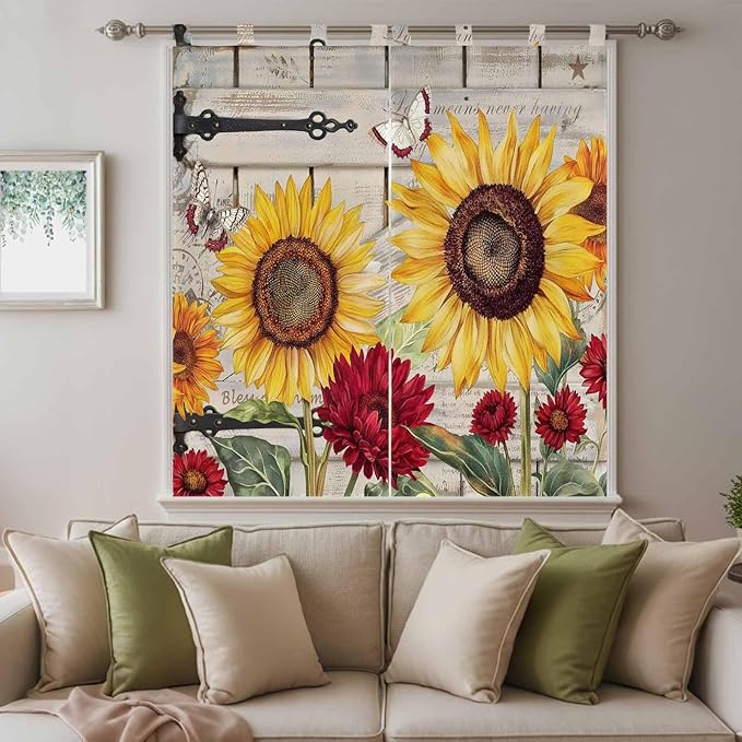 Red Yellow Sunflowers Bedroom Curtains 72 Inch Length, Window Curtains Tab Top, Retro Rustic Barn Doors Butterfly Brown Light Filtering Window Treatments Drapes 52"x72" 2 Panel