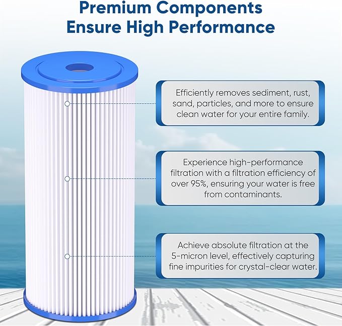 PUREPLUS 5 Micron 10" x 4.5" Whole House Pleated Sediment Filter for Well Water, Replacement Cartridge for GE FXHSC, Culligan R50-BBSA, Pentek R50-BB, DuPont WFHDC3001, W50PEHD, GXWH40L, 3Pack