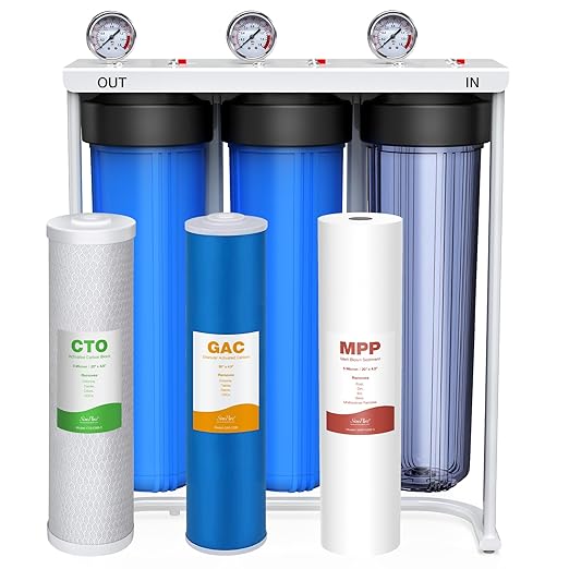 SimPure Whole House Water Filter System, 3-Stage Clear Home Water Pre-Filtration with Carbon Sediment and GAC Filters, Reduce Odor, Chlorine, Taste, Iron, 1" NPT Brass Port, BPA Free (DB20P-3)