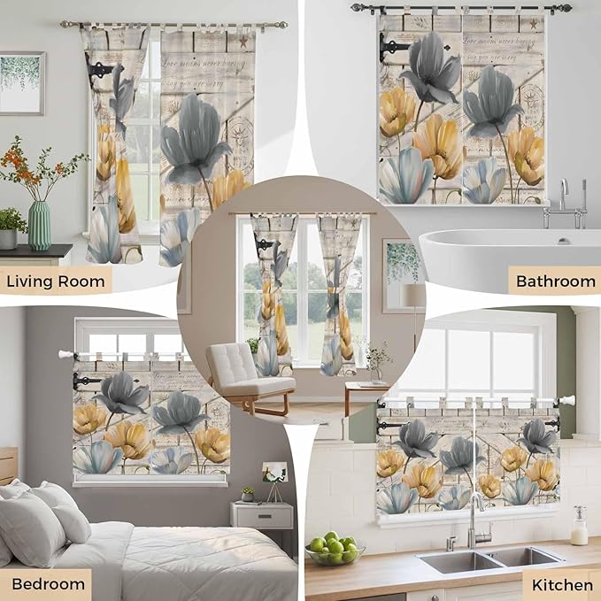 Spring Tulips Flower Bedroom Curtains 72 Inch Length, Window Curtains Tab Top, Vintage Floral Barn Doors Rustic Beige Light Filtering Window Treatments Drapes 52"x72" 2 Panel
