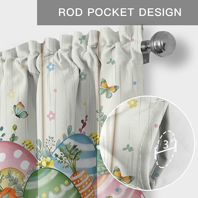Happy Easter Curtain Valances for Windows, Kitchen Valance Window Treatment, Spring Colorful Eggs Rabbit Ear Feet Flowers Light Filtering Block Curtains for Bathroom/Bedroom/Living Room 42'' x 18''
