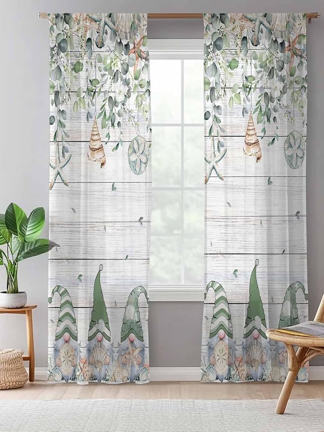 Sheer Curtains 84 Inches Long, Coastal Eucalyptus Leaf Semi Sheer Curtains Light Filtering Window Treatment, Sage Green Gnomes Starfish Privacy Voile Drapes for Living Room Bedroom 52x84 Inch