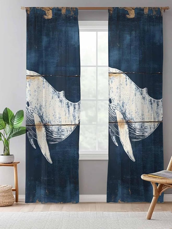 Sheer Curtains 96 Inches Long, Ocean Whale Blue Semi Sheer Curtains Light Filtering Window Treatment, Coastal Vintage Wooden Grain Privacy Voile Drapes for Living Room Bedroom 52x96 Inch