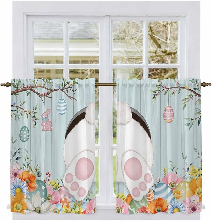 Easter Bunny Kitchen Tier Curtains 45 Inch Long 2 Panel Set,Rod Pocket Short Window Treatment,Easter Eggs Spring Farmhouse Wood Grain Teal Blue Light Filtering Curtains & Drapes 27.5"W x 45"L