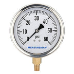 MEASUREMAN 4" Dial Size, Glycerin Filled Plumbing Pressure Gauge, 0-60psi, Stainless Steel Case, 1/4" NPT Lower Mount