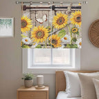 Farmhouse Sunflowers Kitchen Curtains 45 Inch Length, Short Cafe Window Curtains Tab Top, Rustic Barn Doors Flowers Butterfly Wooden Light Filtering Window Treatments Tier Drapes 27.5"x45" 2 Panel