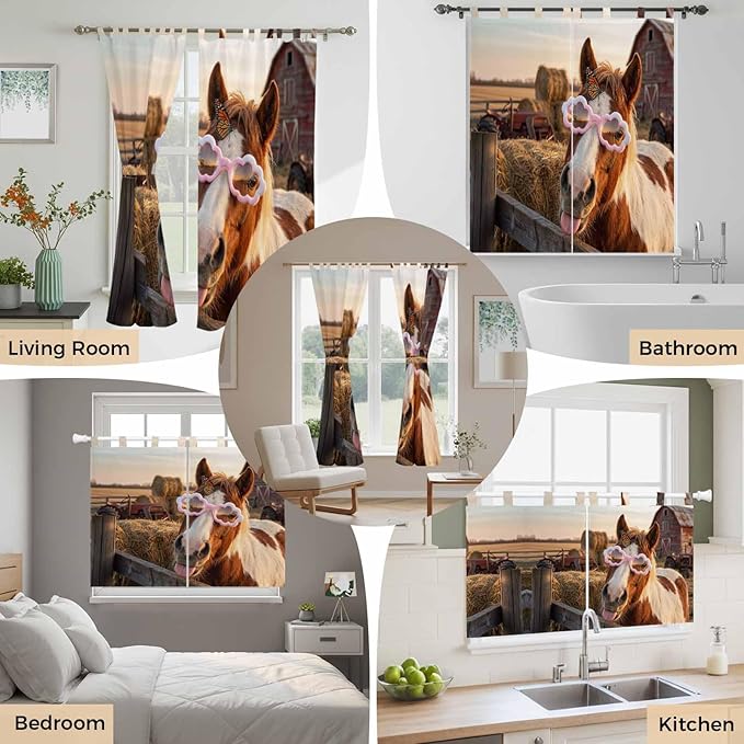 Farm Horses Bedroom Curtains 63 Inch Length, Window Curtains Tab Top, Farmhouse Barn Funny Animals Butterfly Light Filtering Window Treatments Drapes 42"x63" 2 Panel