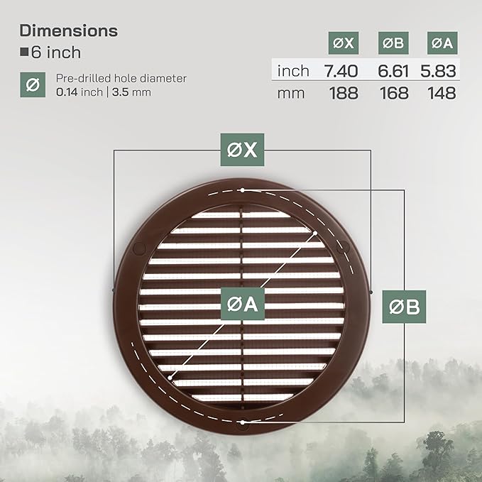 Vent Systems 6" Inch (Opening Dimensions) - Pack of 5 - Brown Soffit Vent Cover - Plastic Round Air Vent Grille - Built-in Mesh Screen - HVAC Register Louver for Bathroom, Home, Kitchen