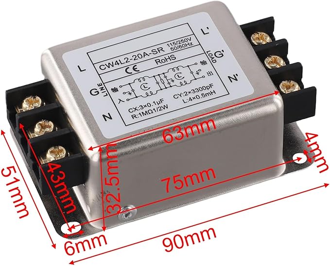 Single-Phase Two-Stage Power Supply Filter for Industrial Equipment — Conducted Noise Suppressor, Compact Chassis Mount, Alloy Housing, 250V, 3A/6A/10A/20A(20A)