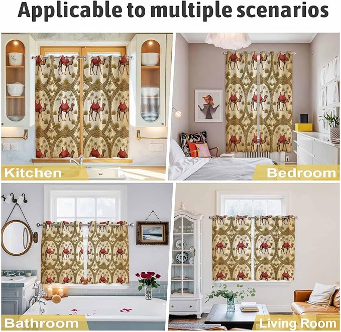 2 Panel Kitchen Cafe Curtains, Brown Desert Camels Sunlight Filtering Nature Air Through, Window Decor Tier Curtains for Living Room 80W x 84L inch Tropical Date Coconut Trees Cords Leaves