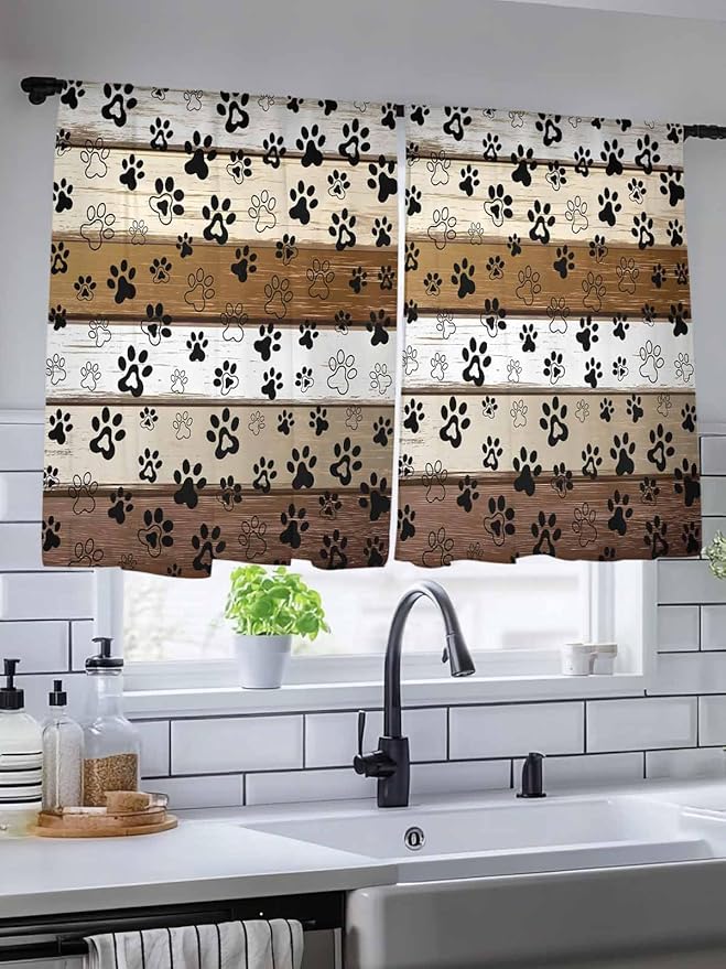 Sheer Curtains 45 Inch Length, Brown Beige Farmhouse Semi Sheer Curtains Light Filtering Window Treatment, Black Dog Paw Vintage Wooden Privacy Voile Drapes for Living Room Bedroom 52x45 Inch