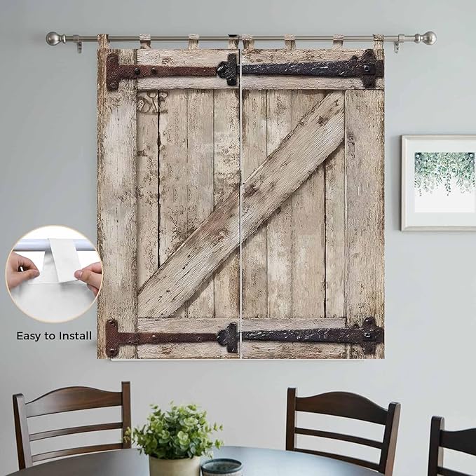 Farmhouse Wood Grain Bedroom Curtains 72 Inch Length, Window Curtains Tab Top, Vintage Country Barn Gate Brown Light Filtering Window Treatments Drapes 52"x72" 2 Panel