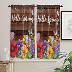 Spring Flowers Bedroom Curtains 63 Inches length, Watercolor Farmhouse Colorful Wooden Grain Window Treatment Curtain Drapes, Rod Pocket Curtain Panels for Living Room Kitchen, 42"x63", 2 Panels