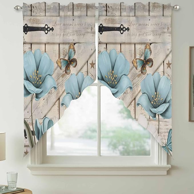 Teal Blue Tulips Swag Valances for Windows, Spring Floral Barn Doors Vintage Wood Beige Rod Pocket Kitchen Curtains Valance, Kitchen Window Curtains Swag for Cafe Living Room, 2 Panels, 36x45 inch