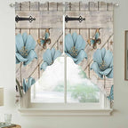 Teal Blue Tulips Swag Valances for Windows, Spring Floral Barn Doors Vintage Wood Beige Rod Pocket Kitchen Curtains Valance, Small Window Curtains Swag for Cafe Living Room, 2 Panels, 28x36 inch